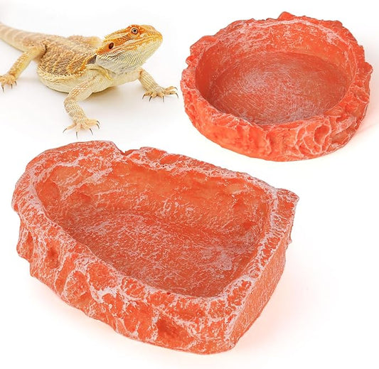 Reptile Water Dish Food Bowl for Bearded Dragon Tank Accessories, Hyggerzoo Reptile Rock Feeder for Tank 2 Pack Corner Resin Terrarium Bowl for Leopard Gecko Hermit Crab Tortoise Snake, Orange