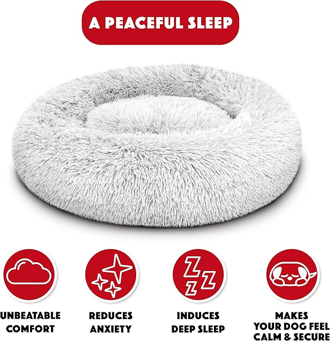 The Dog's Balls Sound Sleep Donut Dog Bed, Small Ice White Fur Calming Nest Bed