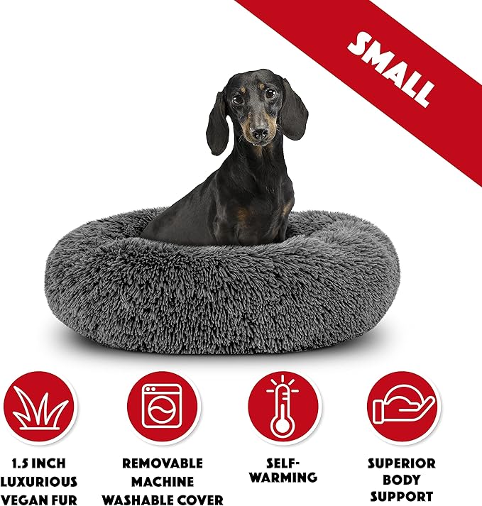 The Dog’s Bed Sound Sleep Donut Dog Bed, Small Steel Grey Fur Calming Nest Bed