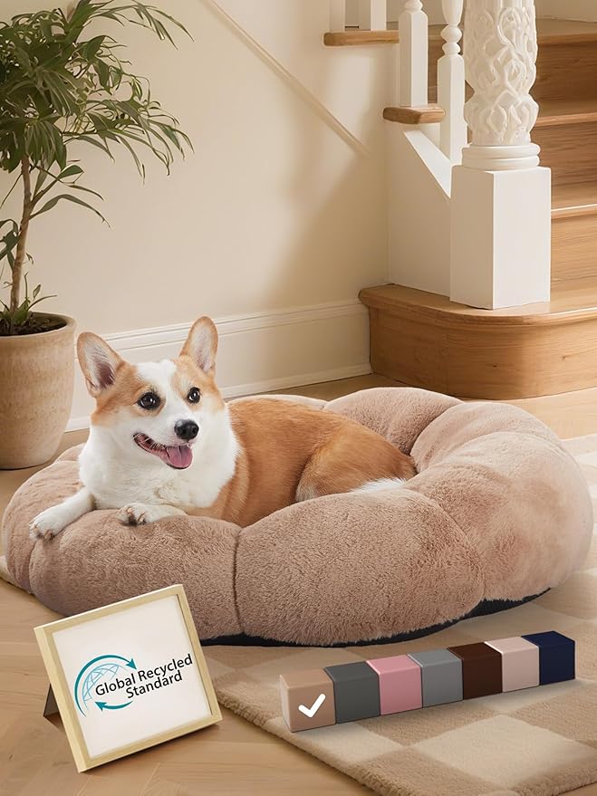 OhGeni 31 inches Calming Donut Orthopedic Dog & Cat Bed for Medium Pets, Warming Comfort Fluffy Short Pile Fur, Durable Waterproof Machine Washable Removable Cover, Cute Round Bed for Puppy, Camel