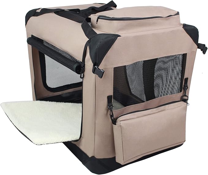EliteField 3-Door Folding Soft Dog Crate with Carrying Bag and Fleece Bed (2 Year Warranty), Indoor & Outdoor Pet Home (24" L x 18" W x 21" H, Khaki)