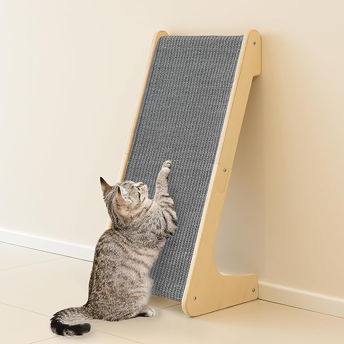 PETKARAY L Shape Cat Scratcher, Sisal Kitty Scratching Ramp, Vertical Scratch Pad for Indoor Cats, 25.5" Furniture Protector with Catnip, Grey