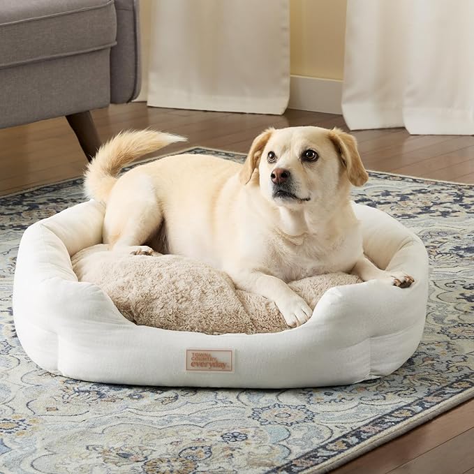 TOWN & COUNTRY EVERYDAY CuddleTown Faux Linen Comfy Cozy Cuddler Pet Bed, Supportive & Calming Egg Crate Foam, Non-Slip Bottom, Machine Washable Cover, Cream, Medium 28"x26"x8"