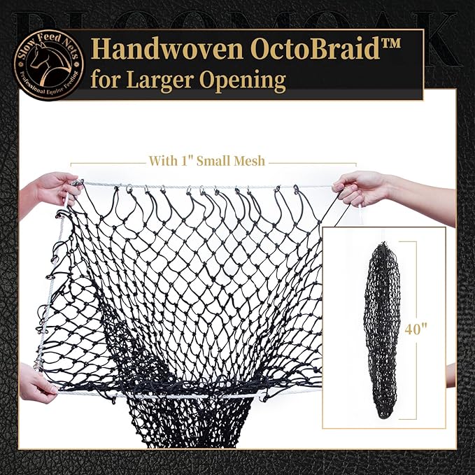 Bloomoak Slow Feed Hay Net for Horses, 40" Hay Bag with 1 inch Hole for Horse and Goat, Heavy Duty PE,Easy Fill with Rings…