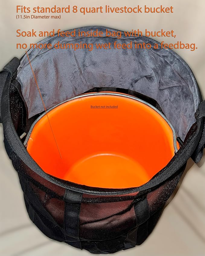 Reinforced Horse Mesh Feed Bag, Adjustable Strap, Padded Nose, Heavy Duty Horse Feed Bag, Reinforced Bottom Stitching, Holds 8qt Grain Bucket, no Mess, soak Feed in Bag, Horse Feed Bag