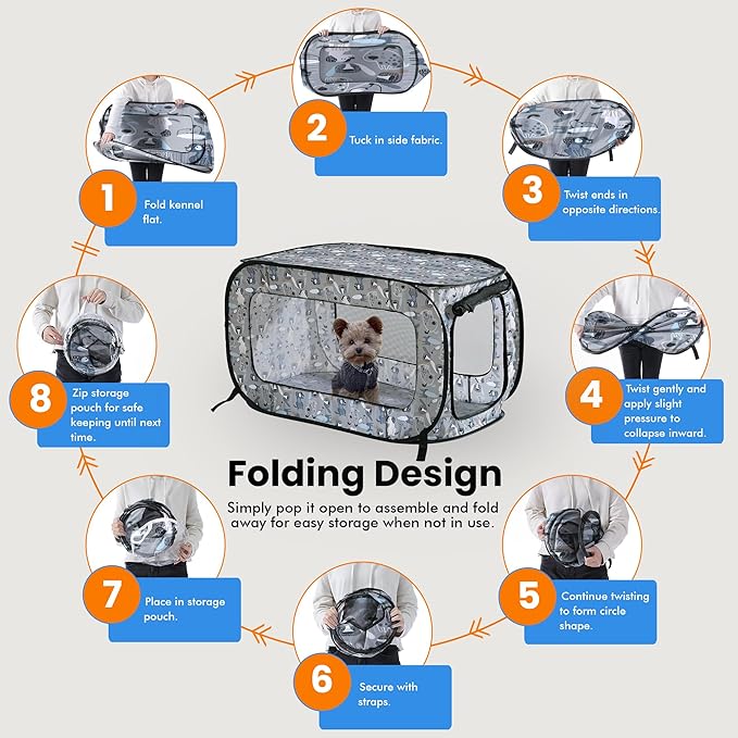 Beatrice Home Fashions Portable, Collapsible, Pop Up Kennel Travel Cat and Dog Crate, 40" L x 27" W x 27" H, Tail Waggers