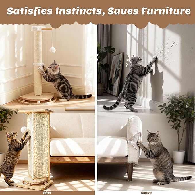 Couch Cat Corner Scratcher with Interactive Ball Toys for Cat, Replaceable Sisal Scratch Pad, Kitten Wall Scratcher for Couch, Wall Furniture Protector 25''