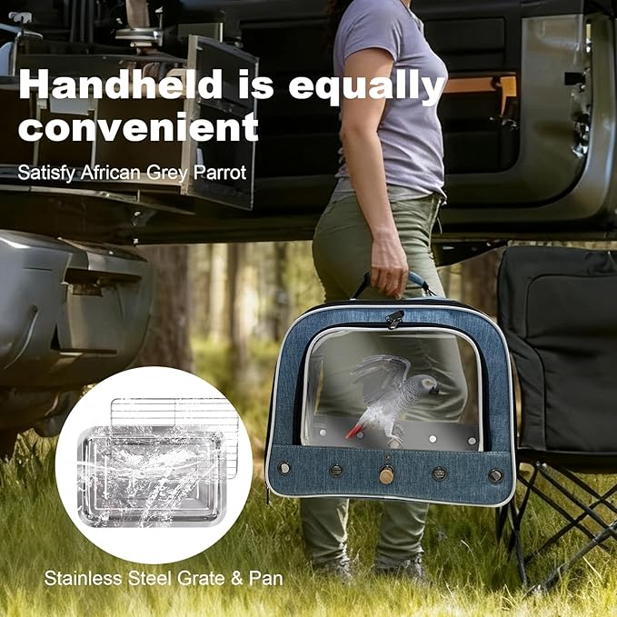 halinfer Bird Travel Carrier Cage for Large Size Parrot, Portable Bag with Metal Tray and Grate to Carry and Transport Medium and Large Birds Like African Grey, Long Tail Cockatiel and Parrot