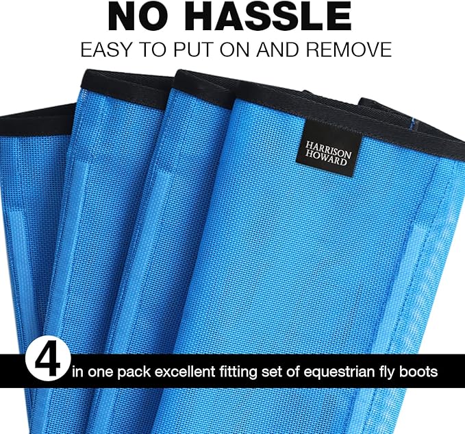 Harrison Howard Loose Fitting Fly Boots UV-Protective Extra Tough Mesh Ventilated Four Fasteners Stay-on Design Protect Horse Legs & Stomp-Reducing Set of 4 Sky Blue Small