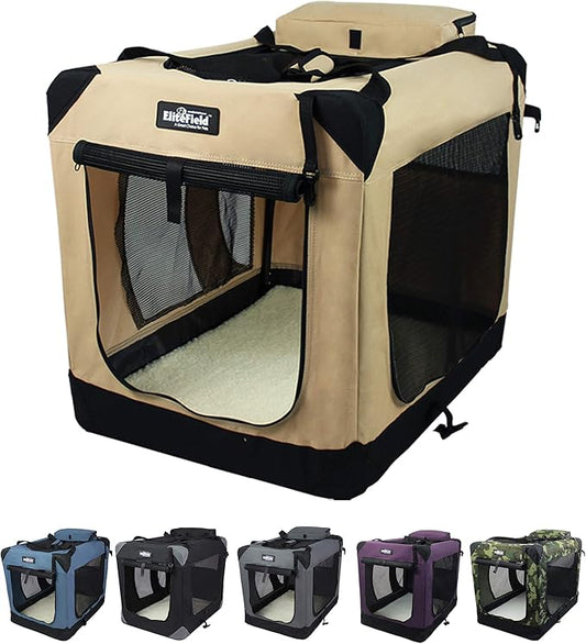 EliteField 3-Door Folding Soft Dog Crate with Carrying Bag and Fleece Bed (2 Year Warranty), Indoor & Outdoor Pet Home (20" L x 14" W x 14" H, Beige)