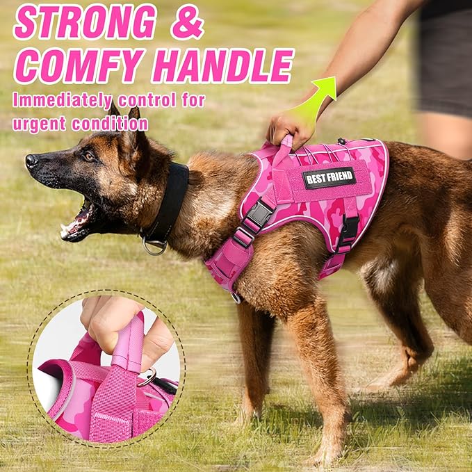 Tactical Dog Harness for Large Dogs,No Pull Military Dog Vest with Easy Control Handle&Molle,Adjustable Heavy Duty Pet Harness for K9 Working Hiking Training Daily Walking Camo Pink L