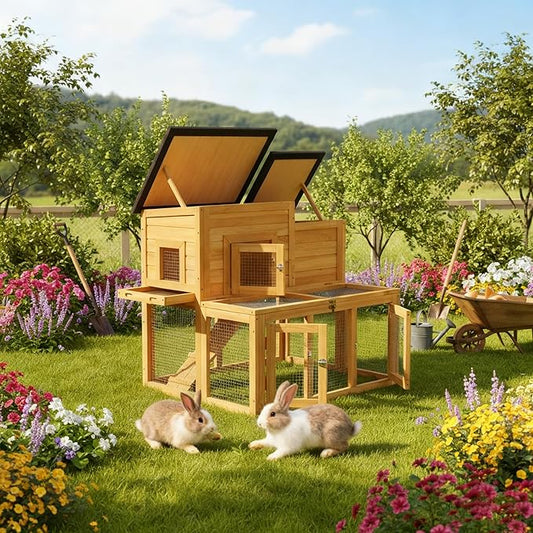Outdoor Bunny Cage 2-Tier Rabbit Hutch & Chicken Coop with Wire Run, Wooden Poultry House with Pull-Out Tray, Waterproof Rabbit Hutch for Outside (Yellow)
