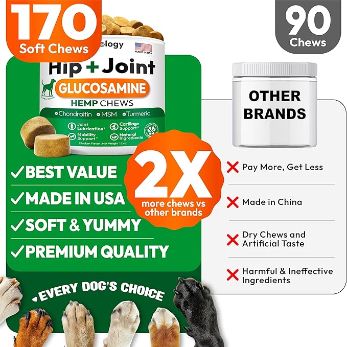 Hemp Hip and Joint Supplement for Dogs - Glucosamine for Dogs - 170 Mobility Support Chews - Advanced Joint Pain Relief Treats with Chondroitin, MSM, Turmeric - Large & Small Breeds - Made in USA