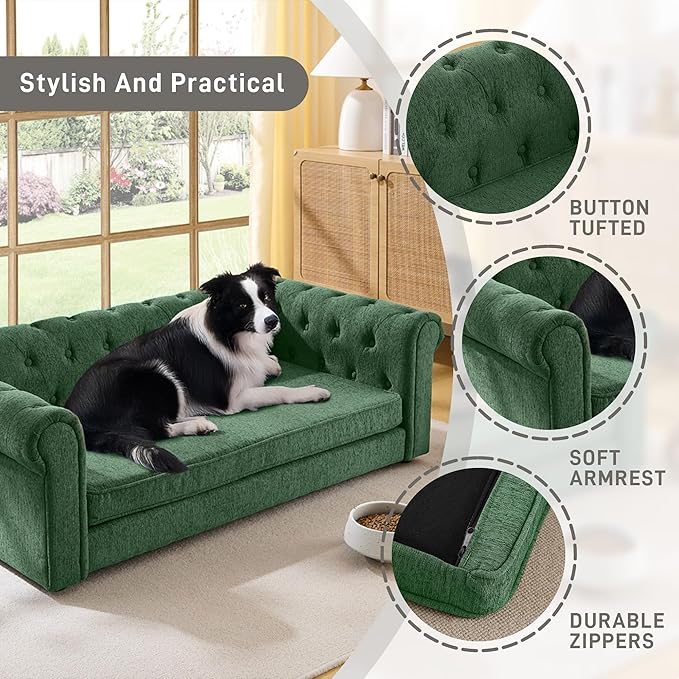 Dog Sofa Couch for Medium to Large Dogs, 55" Memory Foam Pet Sofa Couch with Washable Fabric, Durable Elevated Dog Bed with Legs, Removable Cushion for Medium and Large Dogs, Green