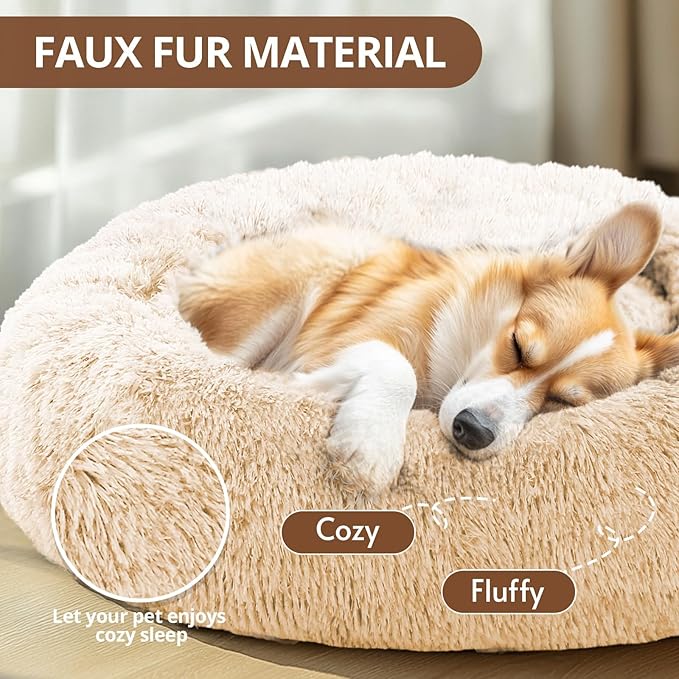 JOLLYVOGUE Calming Dog & Cat Bed for Small Dogs, Anti-Anxiety Donut Cuddler Cozy Soft Round Bed with Anti-Slip Bottom, Fluffy Faux Fur Plush Cushion Beds for Small Medium Dogs (23")