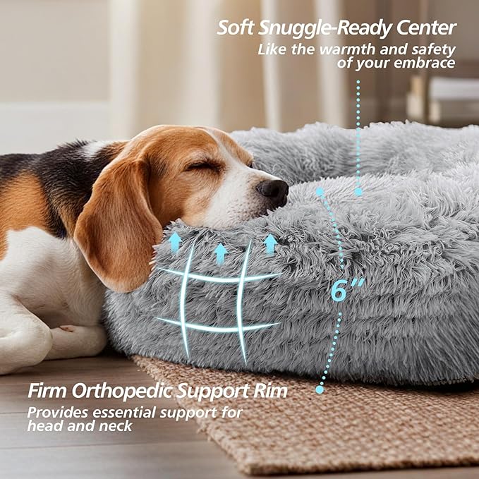 JOLLYVOGUE Small Dog & Cat Beds for Indoor Cats, Donut Cuddler Warming Soft Dog Beds with Anti-Slip Bottom, Round Calming Fluffy Plush Faux Fur Cushion Bed for Small Medium Dogs (20", Smoke Grey)