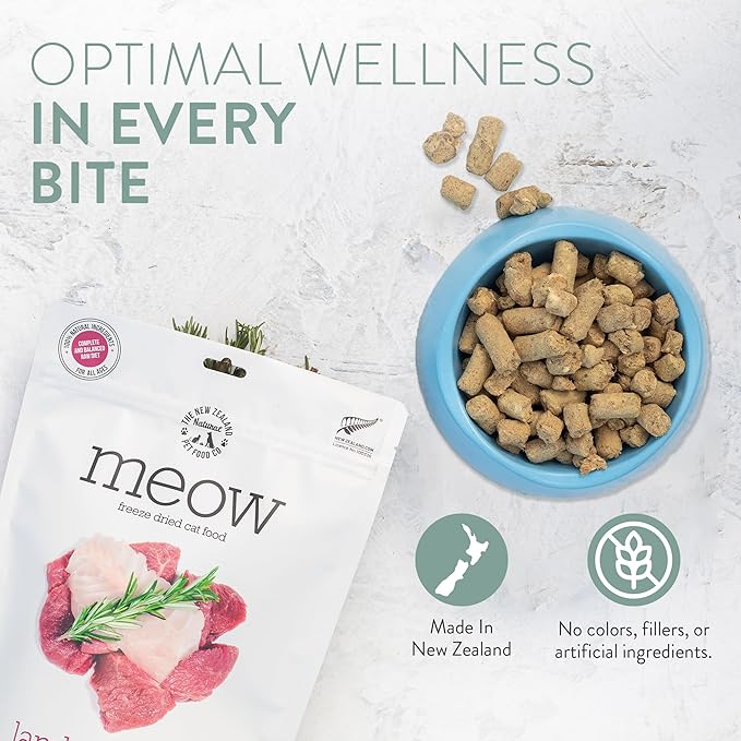 The New Zealand Natural Pet Food Co Meow Freeze Dried Cat Food - Lamb & King Salmon Recipe,High Protein Treats,Meals & Toppers,Dry Food,1.76oz