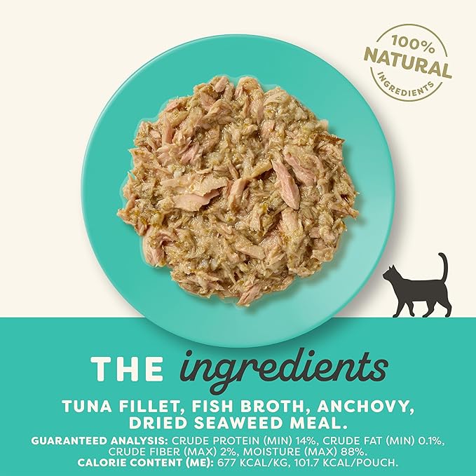 Applaws Natural Wet Cat Food in Broth, Limited and Natural Ingredients, High Protein with No Artificial Additives, Tuna Fillet, Anchovy & Seaweed in Broth (12 x 5.3oz Pouches)
