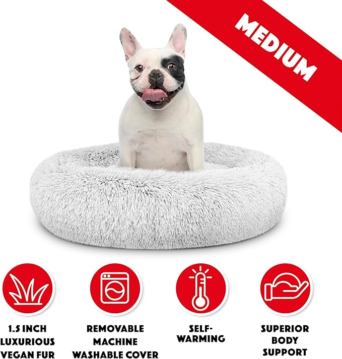 The Dog’s Bed Sound Sleep Donut Dog Bed, Medium Ice White Fur Calming Nest Bed