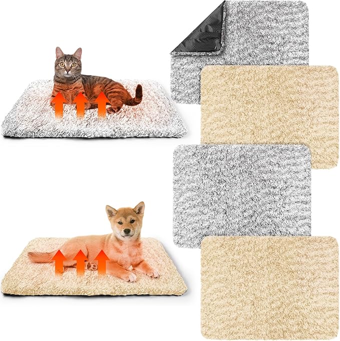 6 Pack Self Warming Cat Pads 19 x 28 Inch Self Heating Dog Cat Mats Extra Warm Thermal Pet Bed Washable Pet Crate Mat Blanket Removable Cover Non Slip for Indoor Outdoor (Grey Beige)