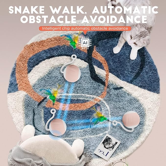 Interactive Cat Toys Ball - Electric Automatic Toys for Indoor Cats, LED Lights and Toys Feather Tail with Sound Activated and Touch, USB Rechargeable, 2peeds Mode for Bored Kittens/Adult Cats