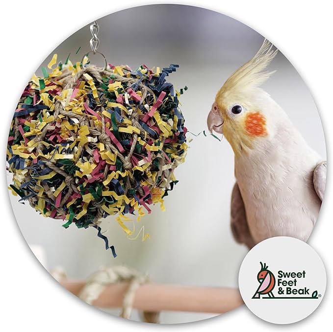 Sweet Feet and Beak Super Shredder Ball - Bird Cage Accessories to Keep Your Bird Busy Foraging for Hidden Treasures - Non-Toxic, Easy to Install Bird Foraging Toys for Large Sized Birds - 7 Inch
