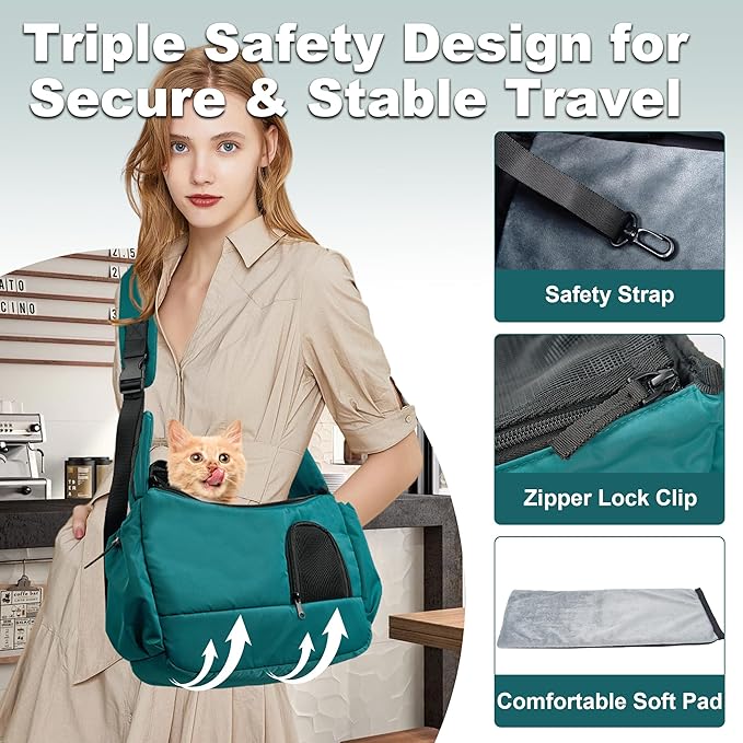 Cat Sling, Hands-Free Cat Carrier Pouch up to 7 lb, Cat Sling with Safety Strap and Pockets, Ideal for Travel and Daily Use, Peacock Blue