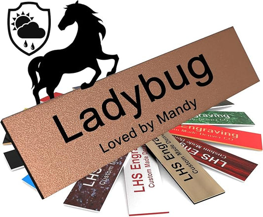 Horse Stall Name Plate, 2x10 Personalized Stall Signs, UV Protected, All Weather Adhesive, Hanging, Mounting or Other, Textured Copper Plastic Black Letters - Made in USA - M2