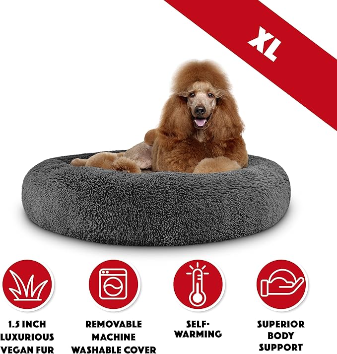 The Dog’s Bed Sound Sleep Donut Dog Bed, XL Steel Grey Fur Calming Nest Bed Removable Cover