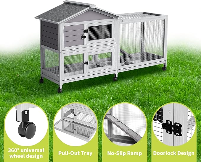 Rabbit Cage with Ramp & Waterproof Roof, Bunny Hutch for Indoor/Outdoor, 2-Story Design, Rabbit Hutch with 6 Lockable Caster Wheels & Three Pull-Out Trays（63.2" l x 22.4" w x 37"）