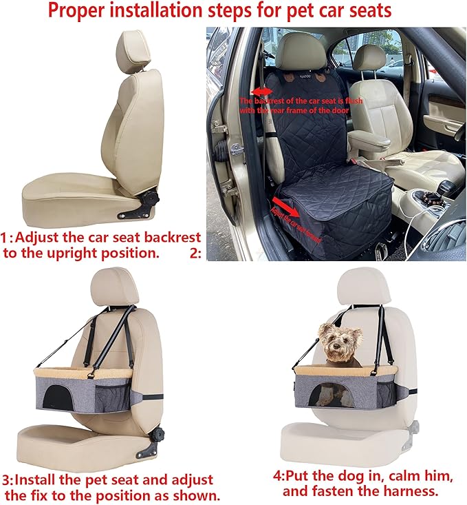 ROODO Deluxe Dog Booster Seat with Height-Adjustable Foldable Metal Frame and Safety Leash,Portable Pet Car Seat for Under 20lb Puppy Cats with Plush Thick Cushion Mesh Window Pockets(Khaki)