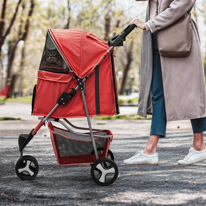 MoNiBloom 3 Wheels Pet Stroller, Foldable Puppy Cage Jogger Stroller with Weather Cover for All-Season, Storage Basket and Cup Holder, Breathable and Visible Mesh for Small/Medium Pets, Red