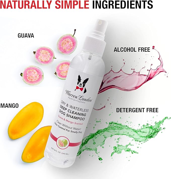 Warren London Dry & Waterless Shampoo for Dogs & Pets- No Rinse Dog Shampoo- Dog Dry Shampoo for Smelly Dogs- Waterless Shampoo Spray for Dogs- Waterless Pet Shampoo- Guava Mango Scent 8oz