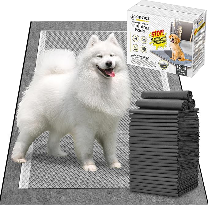 CROCI 28"x44" 4XL Activated Carbon Pee Pads for Dogs, Odor-Control Charcoal Dog Pads Absorbs Up to 12 Cups of Liquid, 6-Layer Thicker Leak-Proof & Quick Dry Dog Training Pads, Disposable (25 Counts)