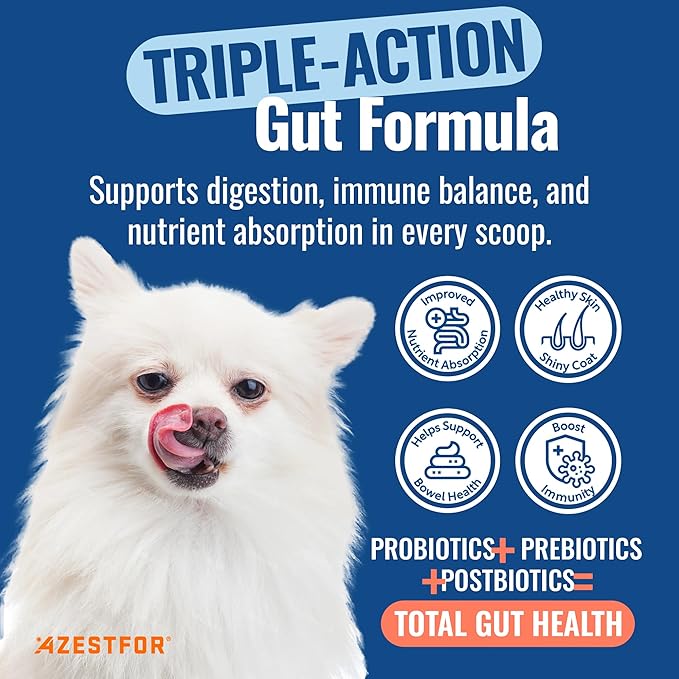Azestfor Gut Health Supplement for Dogs – 3 in 1 Probiotic, Prebiotic & Postbiotic Blend – Supports Digestion, Immunity & Skin – Easy-to-Use Powder – for All Breeds & Sizes – 60g (30 Servings)