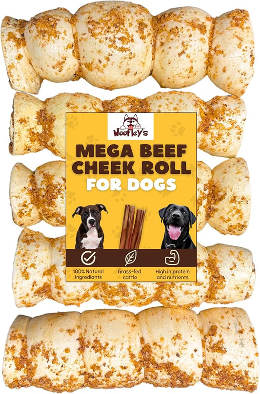 Woofley's 10-12" Bully Dusted Beef Cheek Roll - (5 Count)- Beef Cheek Rolls for Dogs - Long Lasting Natural Dog Chews