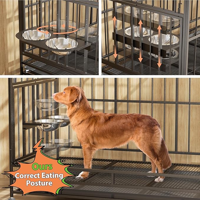 LOVMOR 48" Heavy-Duty Dog Crate with Wheels, Air-Lift Top, Dual 360° Adjustable Bowls ??Ideal for Large Dogs