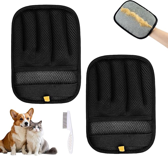 Pet Hair Removal Gloves, 2 PCS Double Sided Dogs and Cats Hair Remover Reusable Cat Dog Pet Grooming Gloves Suitable for Couch, Furniture, Deshedding, Grooming, Pet Cleaning Tool
