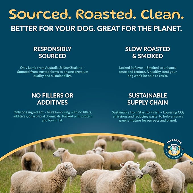 TREATOPIA Lamb Lung Filet Dog Treats, 2 LB Bag - All-Natural, Sustainable, Healthy, High Protein, Hand-Trimmed, Slow-Roasted, Made in The USA, Nutritious, No Additives, No Fillers