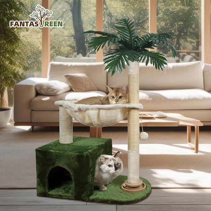 Cat Tree 38" Cat Tower with Large Hammock Metal, Cat Scratching Post for Indoor Cats with Condo, Cat Playground Track Balls and Bouncy Ball, Green and White