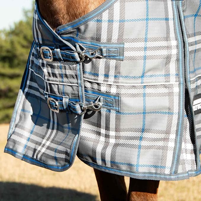 Jeffers Poplar Head 1200 Denier Turnout Sheet for Horses, 0g Polyfill, 66"- Waterproof Lightweight Horse Blanket, Adjustable Chest Belly Straps, Tail Flap, Stable Blanket -Hamilton Blue & Slate Plaid