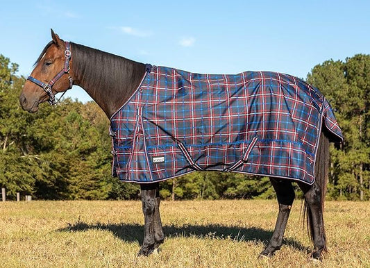 Jeffers Poplar Head 600 Denier Turnout Sheet for Horses, 0g Polyfill, 75"- Waterproof Lightweight Horse Blanket, Adjustable Chest Belly Straps, Tail Flap, Stable Blanket - Navy and Merlot Plaid