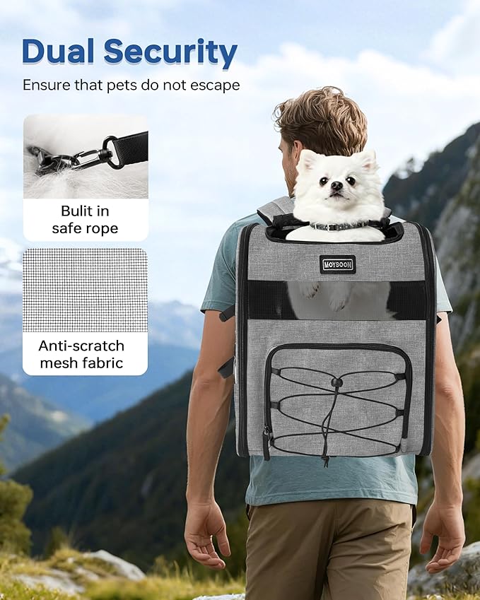 Hiking Dog Carrier Backpack, Adjustable Waist Cushioning Belt with Breathable Padded Back Support, Dog Carrier for Hiking with 5 Pockets, Dog Carrier Backpack for Small Dogs Max 13LB Grey