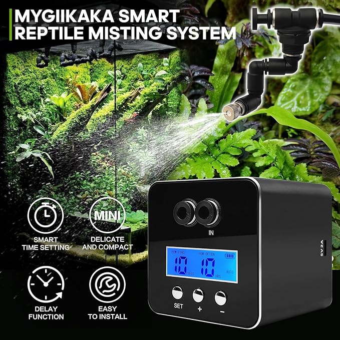 Reptile Smart Mister, Reptile Humidifiers Misting System Automatic with Timer, Terrariums Humidifier with 360°Adjustable Misting Nozzles, Spray Kit for Rainforest Plants Amphibian