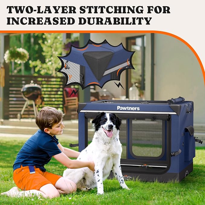 Collapsible Dog Crate: 38 Inch Foldable Soft Sided Dog Crate for Large Dogs, Portable Dog Travel Kennel with Soft Mat for Indoors & Outdoors, Blue
