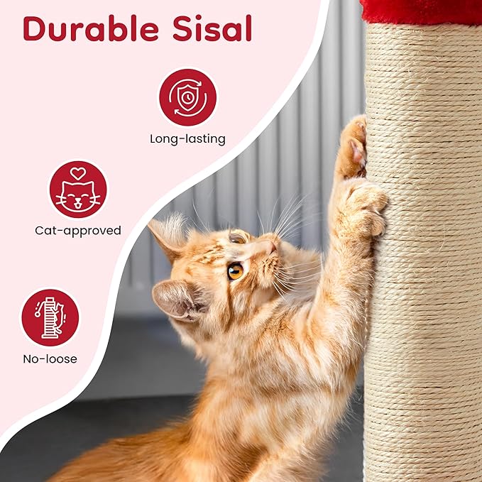 Indoor Cat Scratching Post: 22 in Tall Cat Scratcher with Natural Sisal Rope, Cute Monster Design Kitty Pet Tower with Sturdy Wood Base, Great Gift for Small and Large Kittens, Red