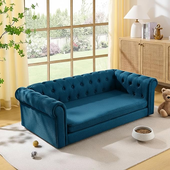 Dog Sofa Couch for Medium to Large Dogs, 55" Memory Foam Pet Sofa Couch with Washable Fabric, Durable Elevated Dog Bed with Legs, Removable Cushion for Medium Dogs, Blue