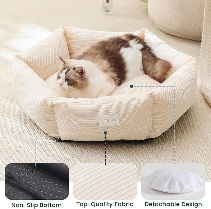 Large Cat Bed, Washable Orthopedic Cat Beds for Indoor Cats, Soft Donut Calming Dog Bed for Small Medium Dogs with Anti Slip Bottom, Cute Kitten Bed, 29.5x29.5x7.9 in, Cream White