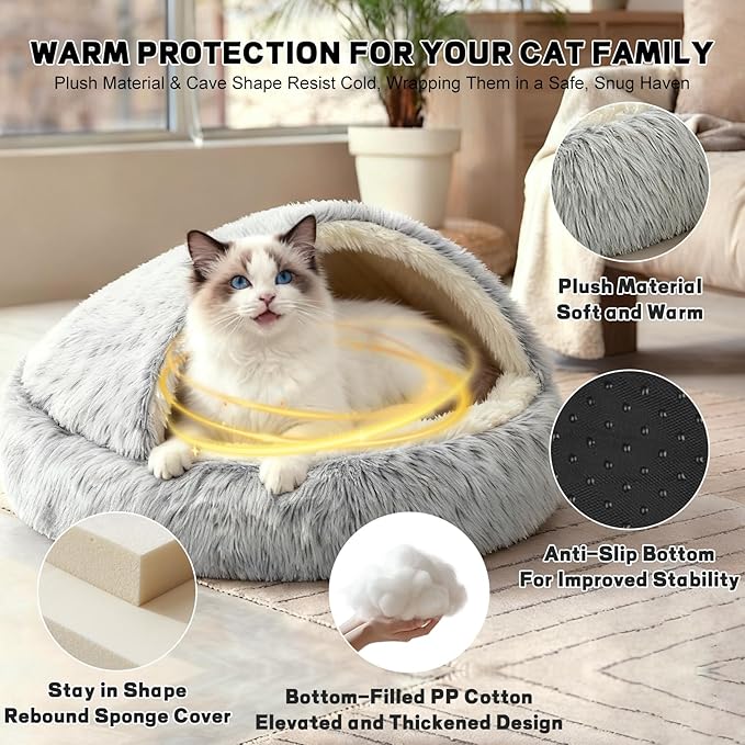 YUDANSI Calming Cat Beds for Indoor Cats - 20x20 Inch Small Cat Bed Washable, Built-in Support, Stable and not Collapsing, Anti-Anxiety Soft Anti-Slip Pet Beds, Fluffy for Small Cats and Dogs