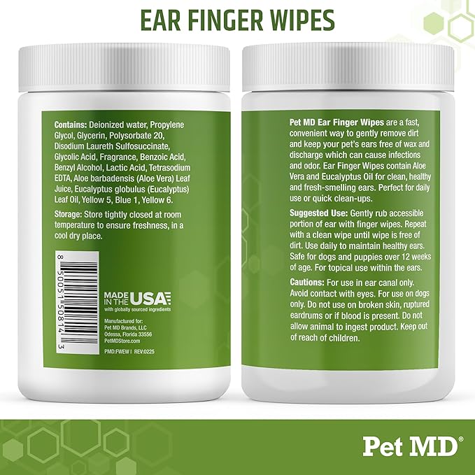 Dog Ear Cleaning Finger Wipes with Aloe Vera & Eucalyptus Oil – Veterinarian Formulated Pet Ear Wipes for Dog Ear Care – Made in USA – 50 Count